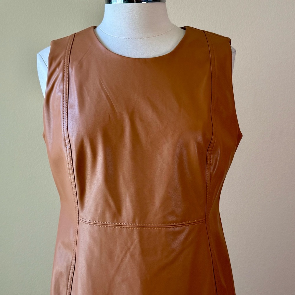 CALVIN KLEIN Sleeveless Faux Leather Dress Size 14 Camel Tan - Picture 2 of 15